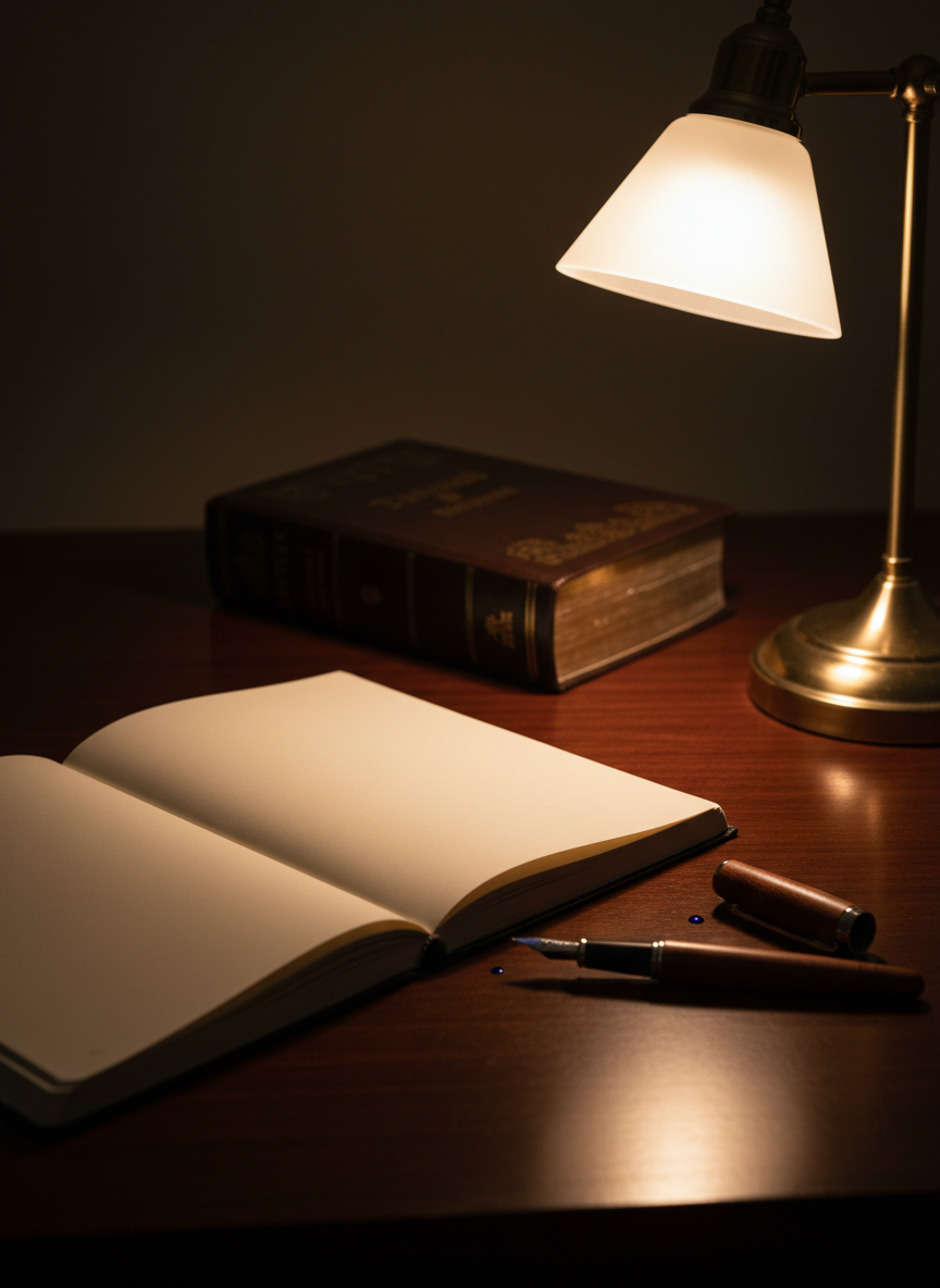 A modest, open notebook with creamy blank pages lies on a dark wooden desk, illuminated by a single warm desk lamp with a simple shade. Next to the notebook rests a finely crafted fountain pen, uncapped, with a small drop of ink glistening at the tip. In the background, slightly out of focus, is a closed leather-bound Bible, its gold-edged pages catching the light. The room is otherwise dim, with the lamp casting a focused pool of light, dramatic yet gentle. The composition uses the rule of thirds, drawing attention to the empty page, evoking a sense of invitation, reflection, and anticipation, in a clean, professional photographic style.