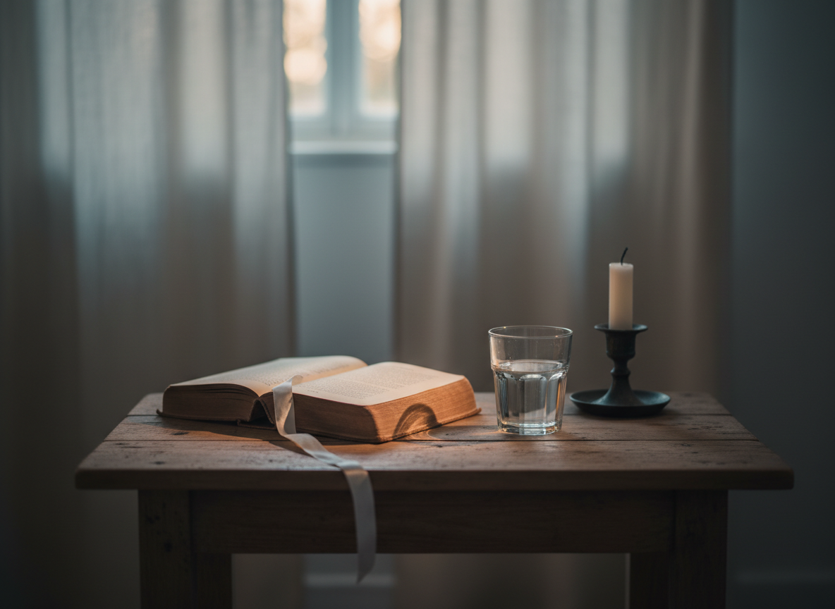 A simple wooden bedside table in a quiet, dimly lit room, holding an open, timeworn book with a soft white ribbon marking a page. Beside it rests a small glass of water and an unlit, ivory candle in a plain metal holder. Through a barely opened curtain, gentle pre-dawn light seeps in, creating a faint glow on the book’s pages and subtle shadows on the wooden surface. The composition is eye-level, centered on the book, with a shallow depth of field that blurs the background into soft tones. The mood is peaceful, introspective, and reverent, captured in clean photographic realism with a calm, minimalist aesthetic.