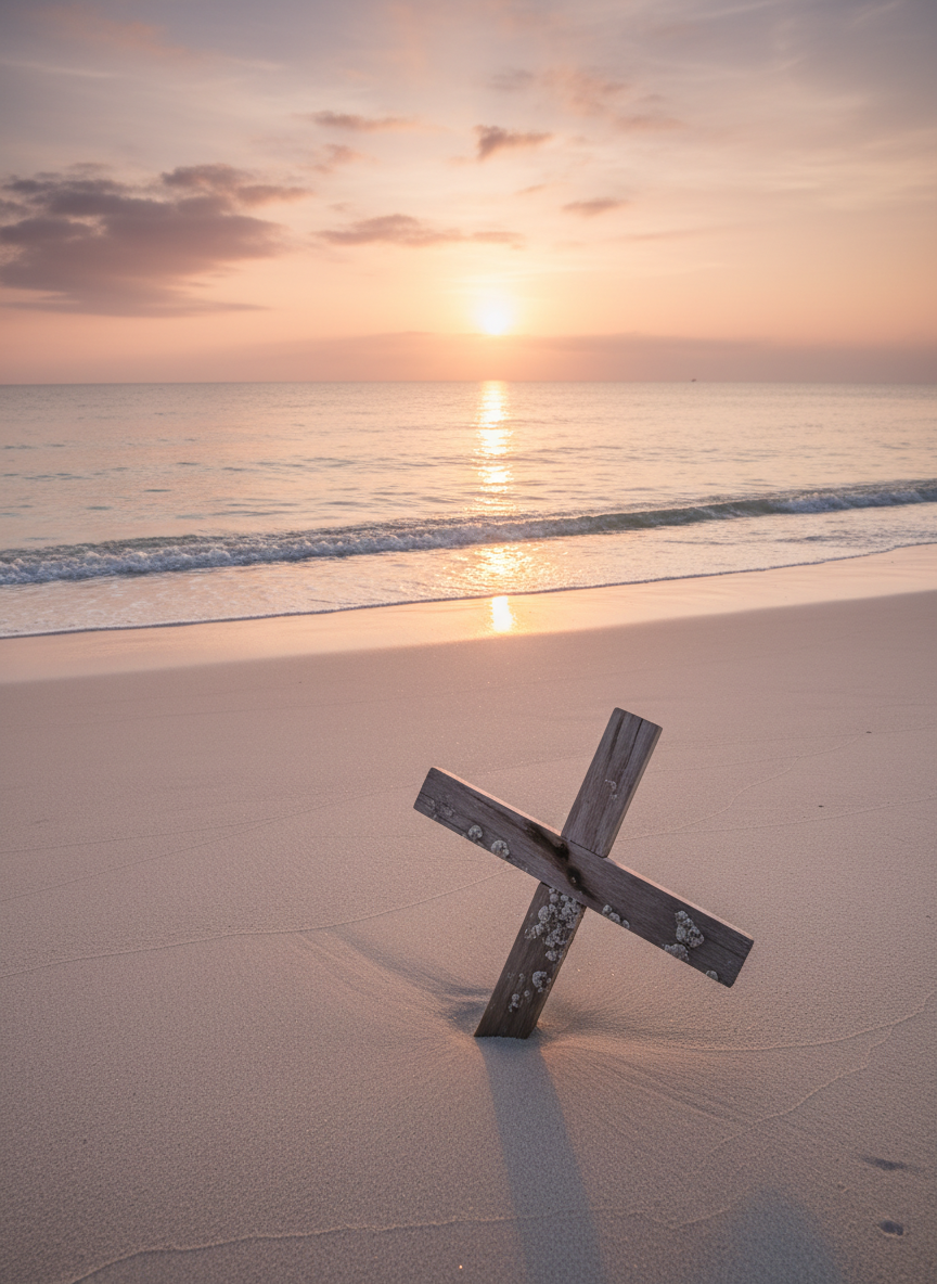 A pristine, empty shoreline at first light, with fine pale sand blending into a smooth, reflective sea. Delicate ripples curve toward the land, mirroring the soft pink and gold hues of the early morning sky. In the foreground lies a single, weathered wooden cross washed ashore, half-embedded in the sand, its texture rough and aged. Soft natural light from the rising sun creates long, gentle shadows and a quiet glow on the water’s surface. Shot from a low, slightly angled perspective that leads the eye from the cross toward the horizon, the scene feels serene, contemplative, and full of quiet expectation, rendered in photographic realism.